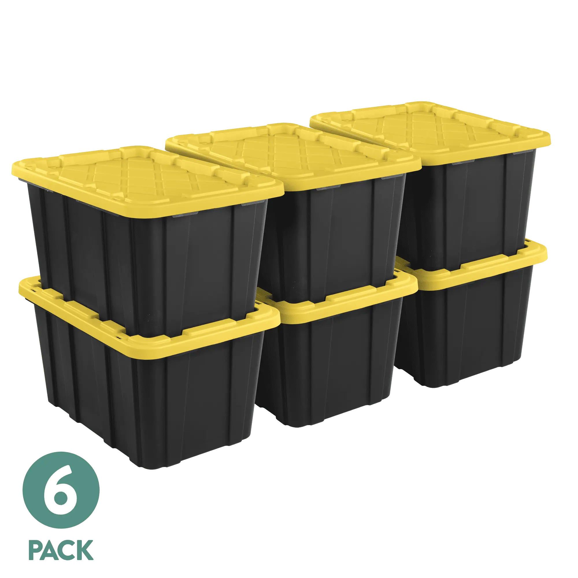 Sterilite Large Storage Bin, 27 Gallon Durable Plastic Storage Tote with Snap-On Lid, Black and Yellow, 6 Pack