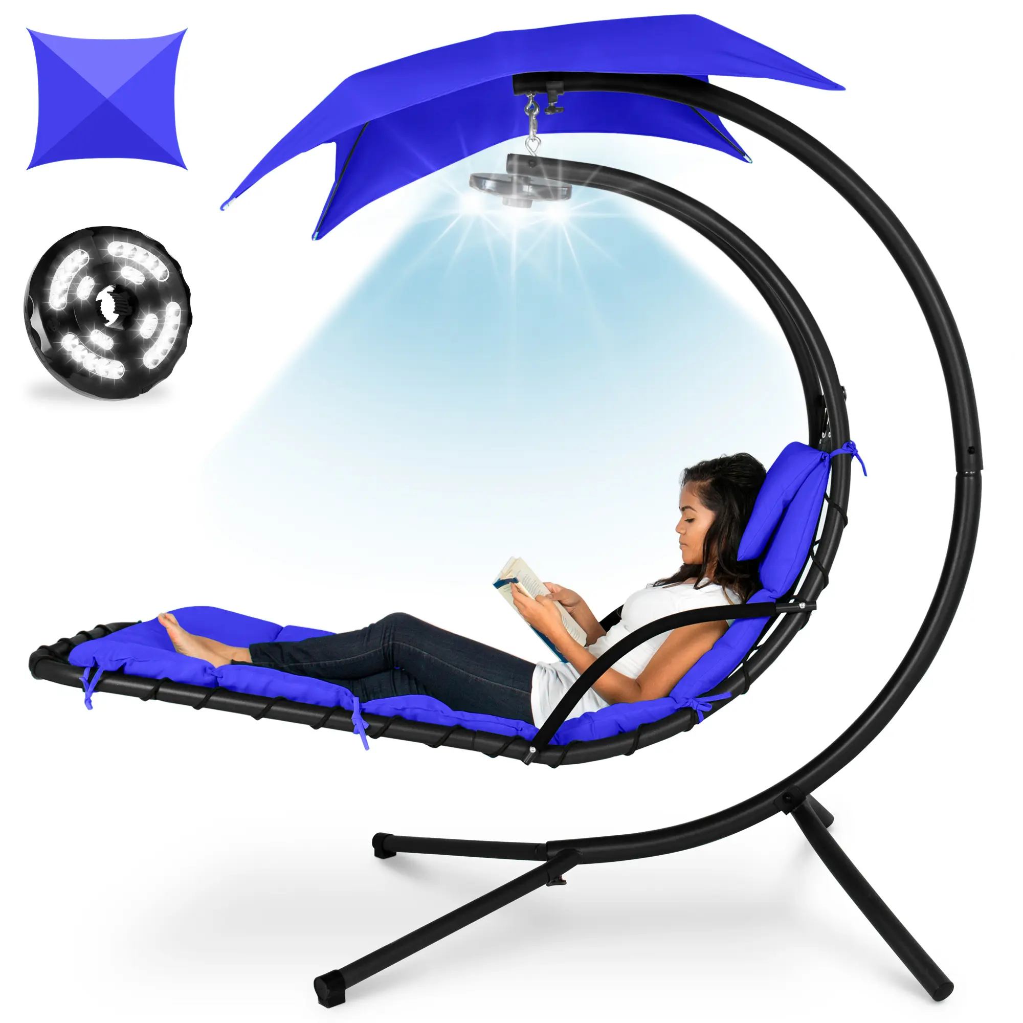 Best Choice Products Hanging LED-Lit Curved Chaise Lounge Chair for Backyard, Patio w/ Pillow, Canopy, Stand Best Choice Products Hanging LED-Lit Curved Chaise Lounge Chair for Backyard, Patio w/ Pillow, Canopy, Stand