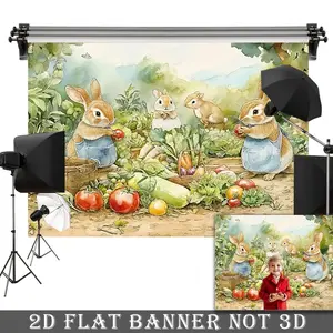 2D Flat Banner, 1pc Peter Rabbit Garden Pattern Multipurpose Photo Backdrop, Rabbit in the garden Background Decorations Birthday Wedding Christmas Banner, Family Cake Table Supplies Photography Decor