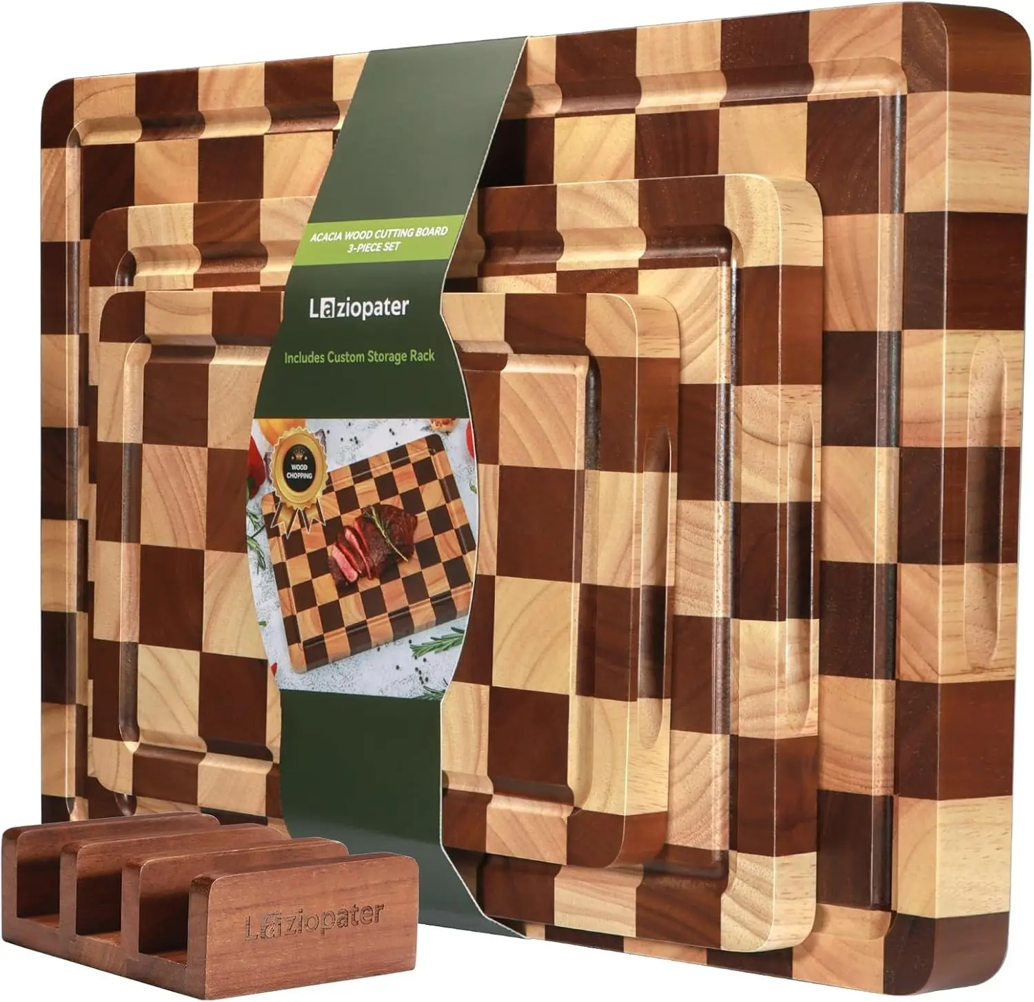 Checkerboard Cutting Board 3-PC Set, Solid Wooden Chopping Board, Acacia Wood Cutting Board for Kitchen with Holder with Deep Juice Grooves & Built-in Handles, for Meat, Vegetables and Fruits