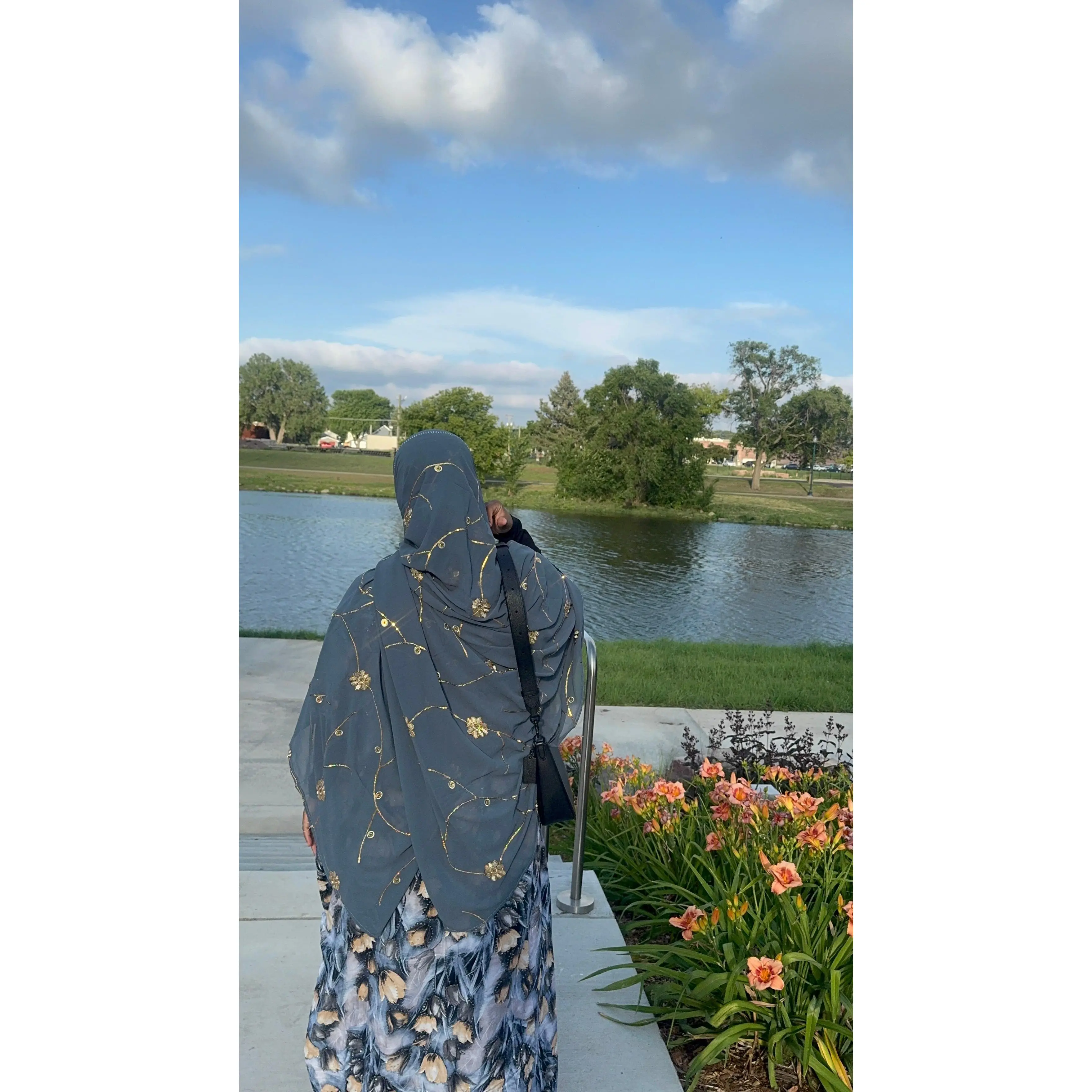 Steel Blue Floral Bati Dress Set with Matching Chiffon Hijab