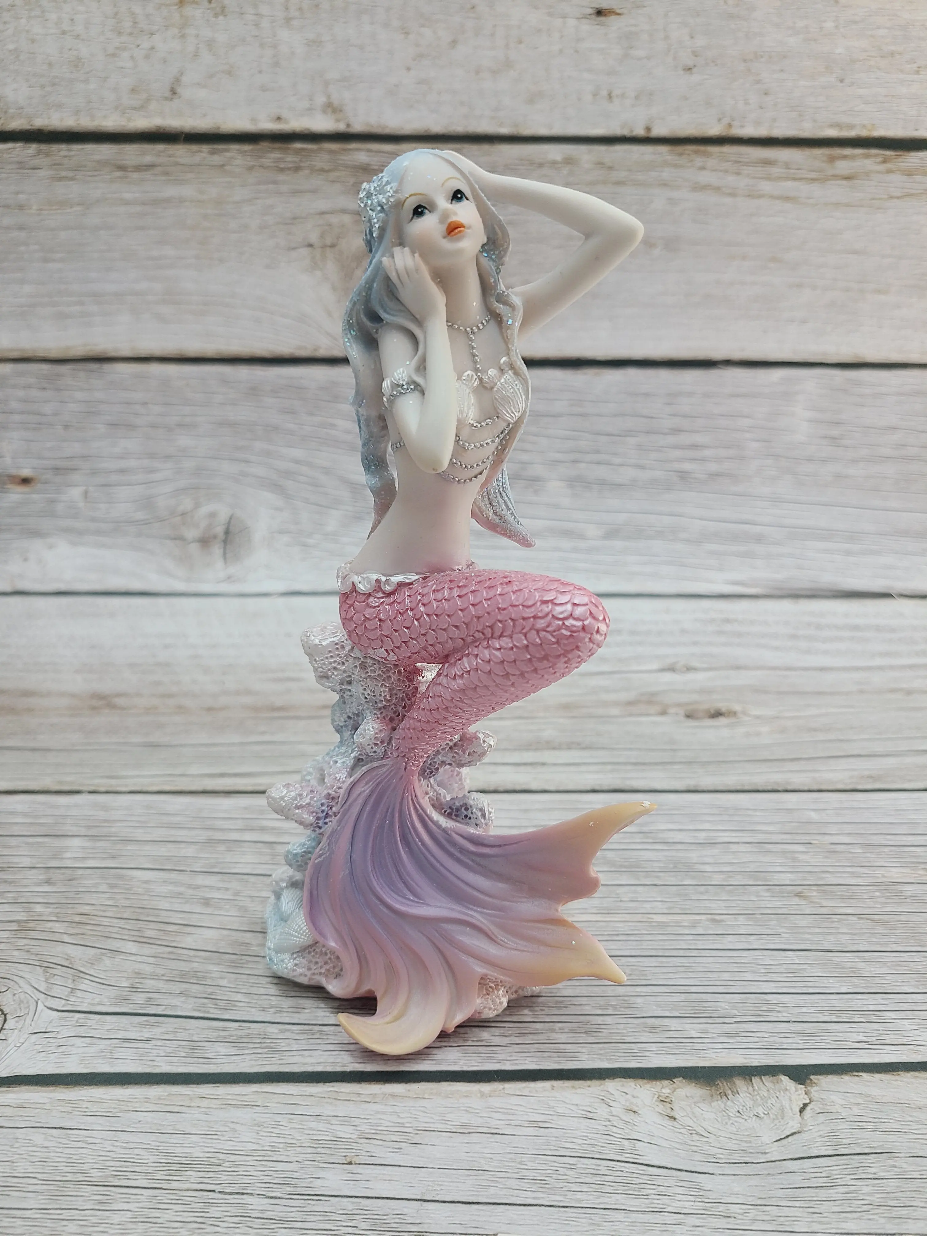Hand-Painted Pink Mermaid Figurine – Detailed Coastal Decor for Home or Boat