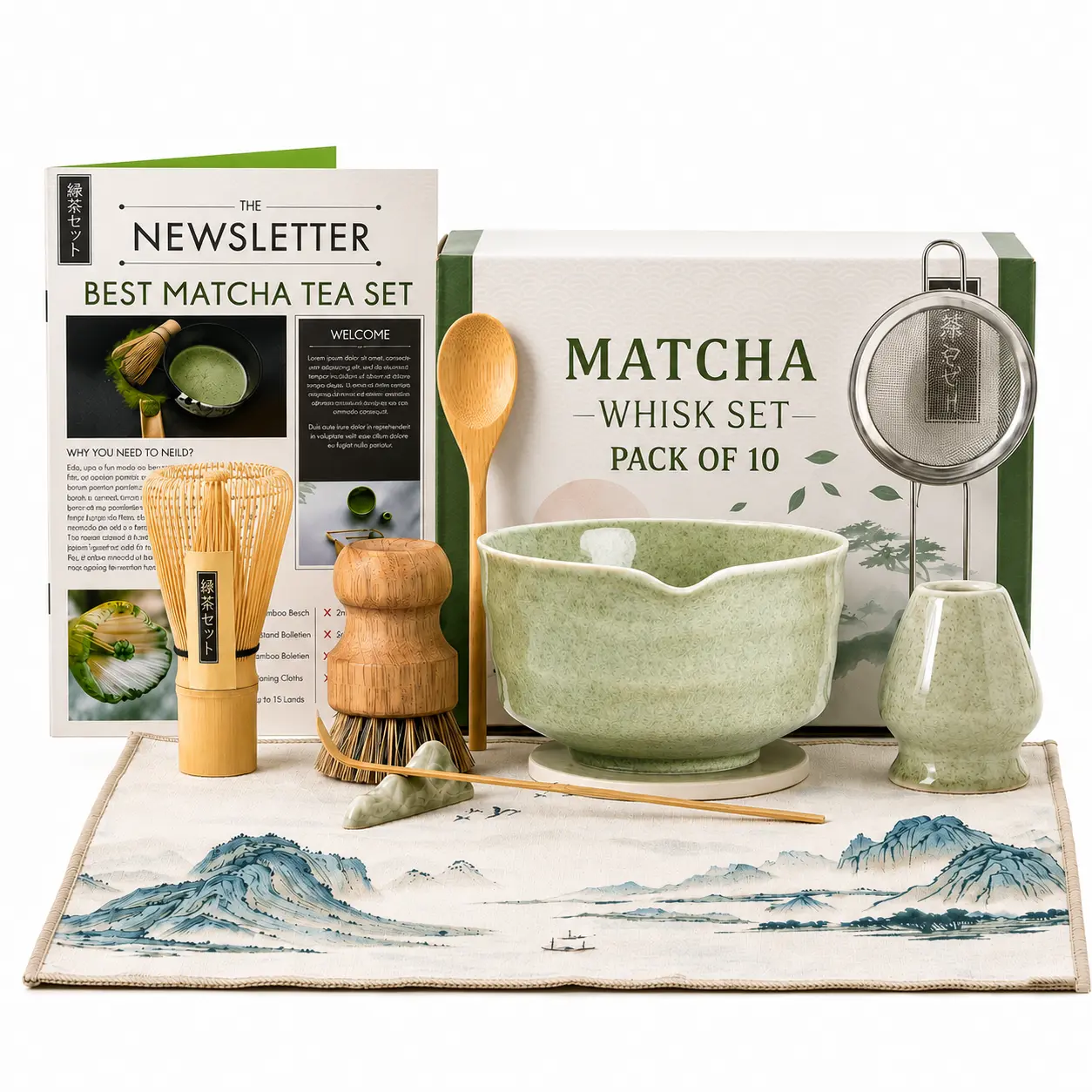 10-Pieces Bamboo Matcha Whisk Set - 450ml Matcha Bowl, Whisk Holder, Scoop, Spoon, Sifter, Scoop Holder, Silicone Coaster, Tea Brush, Cleaning Cloth (Kitchenware Tea-Making Tools for Enthusiasts)