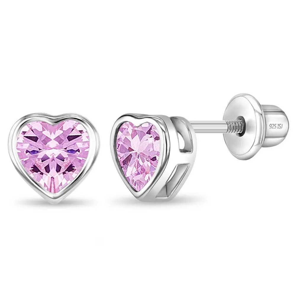 Bezel CZ Heart Baby / Toddler / Kids Earrings Screw Back - Sterling Silver
