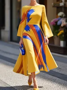 Women's Fashion Elegant Artistic Graffiti Print Dress, Autumn Waist Cinch Bell Sleeve A-Line Midi Party Dress, Stylish Evening Gown