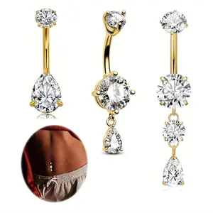 3pcs 14G Belly Button Ring CZ Dangle Belly Ring 83.48gal Stainelss Steel Belly Button Piercing Jewelry Teardrop Navel Ring