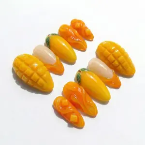 Summer Tropical Press On Nails 3D Mango Fruit Yellow Orange Ombre Vacation
