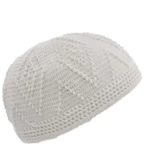 Men's Islamic Knitted Cotton Geometric Kufi - White