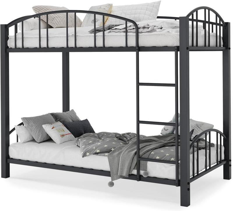 Metal Bunk Bed Twin Over Twin Heavy Duty Bunkbeds Frame with Arched Guardrail and Safety Ladder Sturdy Steel Bed for Kids Boys Girls Space-Saving No Box Spring Needed Matte Black