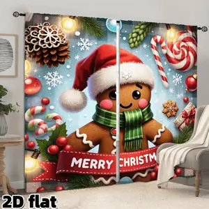 2D Flat 2Pcs Christmas Gingerbread Man Printed Curtains Holiday Theme Semi Shading Rod Pocket Panels Candy Cane Pine Cone Pattern Suitable for Living Room Bedroom Kitchen Party Seasonal Home Decor Privacy Protection