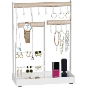 Jewelry Organizer Stand Earring Organizer Necklace Holder, 4 Tier Jewelry Stand Necklace Organizer with 12 Hooks, Jewelry Tower Display Rack Storage Tree for Bracelets Earrings Rings(White)