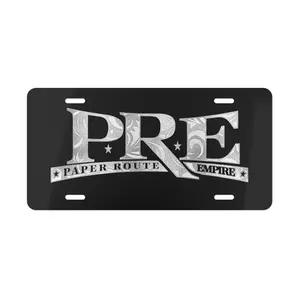 PRE Paper Route Empire Printed Decorative License Plate - Scroll Pattern Black Aluminum Car Tag 12x6 Rap Hip Hop Fan Gear