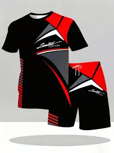 Men's Two-Piece Set, Short Sleeve and Shorts, Streetwear Style, Geometric Print, Summer Casual, Daily Wear
