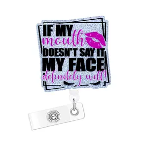 Letter Design Badge Holder, Portable Glitter Retractable Badge Reel, Badge Holder for Nurse Doctor Student Worker Volunteer