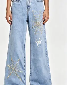 Gothic Yellow Spiderweb & White Spider Direct Ink Print High Rise Wide Leg Light Blue Washed Street Denim Pants