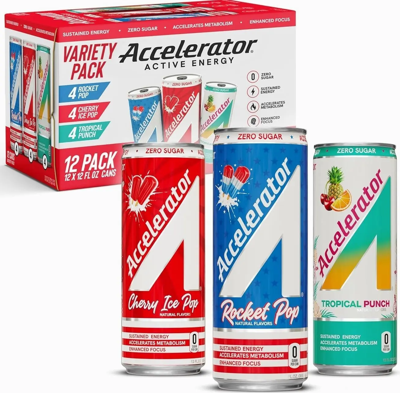 Accelerator Energy Drink, Variety Pack 12oz can (12 pack), Zero Sugar, Sustained Energy from 100% Natural Caffeine (200mg from Green Coffee Bean & Green Tea extract)