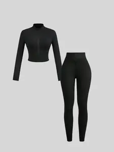Sports yoga wear fashionable solid color basic long-sleeved zipper jacket and women's slim high-waisted trousers suit