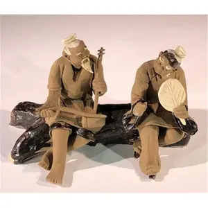 Bonsai Boy e3410 2.5 in. Miniature Ceramic Figurine - Two Men Sitting On Bench Playing Musical Instrument
