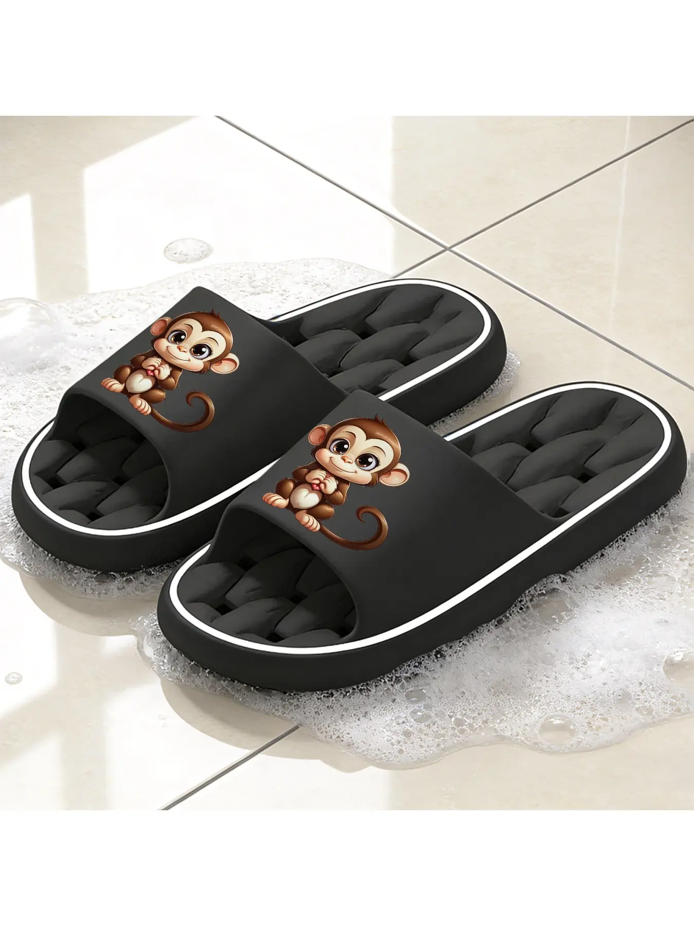 Cute Cartoon Monkey Print Hollow Out Sole Slippers, Dual-use Flip Flops for Indoor and Outdoor Wear, Soft Elastic Non-slip Breathable Toe-post Sandals, Summer Beach Vacation Cool Slippers, Unisex