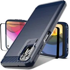 Phone Case for Motorola Moto G Stylus 2021 Case with 1 Pack Tempered Glass Screen Protector and 1 Pack Camera Screen Protector, Shock-Absorption Brushed Flexible Soft Carbon Fiber Protective Cover (Navy)