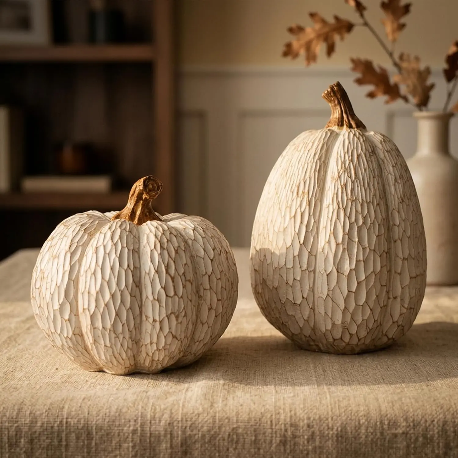 FallFall Pumpkin Decor, Set of 2 Textured Resin Faux Pumpkins, Vintage Carved Matte Pumpkins, Farmhouse Thanksgiving Table Centerpiece for Mantel, Shelf, Coffee Bar, Autumn Home Decor & Housewarming Gift