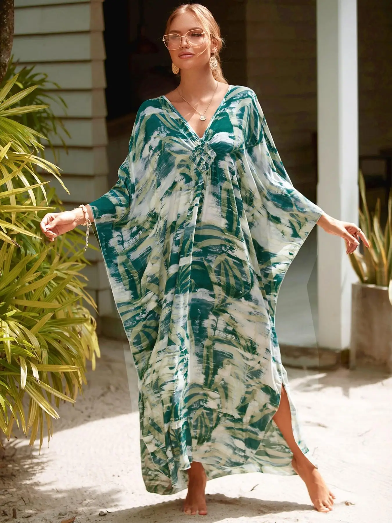 Women's Plus Size All Over Print Batwing Sleeve Kaftan, Boho V Neck Split Long Dress, Ladies Spring & Summer Clothes For Beach Holiday Vacation
