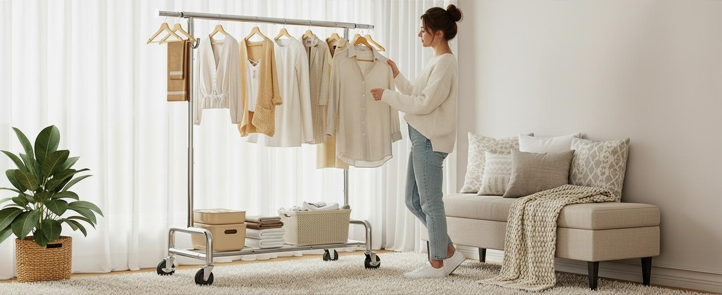 Raybee Clothes Rack for Hanging Clothing with Lockable Wheels , 75" Extendable & Height Adjustable Coat Rack, Heavy Duty Clothes Racks Holds Up to 440LBS, Portable Rolling Garment Rack with 4 Hooks for Bedroom, Laundry Room, Commercial, Chrome Raybee Clothes Rack for Hanging Clothing with Lockable Wheels , 75" Extendable & Height Adjustable Coat Rack, Heavy Duty Clothes Racks Holds Up to 440LBS, Portable Rolling Garment Rack with 4 Hooks for Bedroom, Laundry Room, Commercial, Chrome