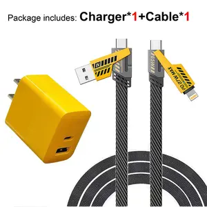 1-Pack Portable Fast Charger, Type C/USB A Dual Ports Adapter,4 in 1 Fast Charging Cable & Data Sync, 5FT Flat Braided Charger Cord for iPhone 17/16/15/14/13/12Pro Max/iPad/Airpods/Samsung Series Phone Accessories