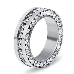 Classic 14 mm Wide Steel Rings for Women Gold Plated with Pave Crystal Elegant Design Fashion Accessories Perfect Gift for Birthdays