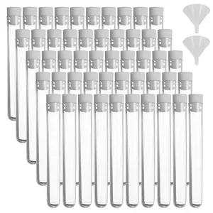 50 Pcs Test Tubes, Clear Plastic Test Tubes with Caps & 2 Funnels for Scientific Experiments, Candy Beads Sample Storage, Kids Party Supplies, Halloween, Christmas (13 x 75mm)