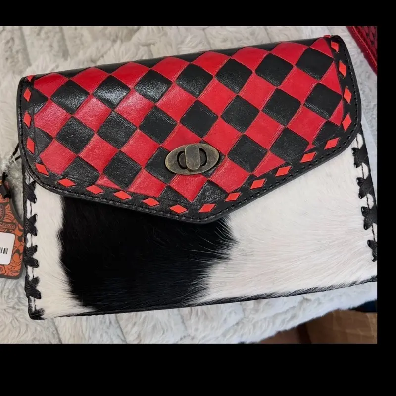 Black and Red Checkered Tooled Leather & Cowhide Crossbody Bag