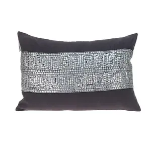 360 Stand Parkland PILM21437 Embroidered Misty Gray Cotton Rectangle Throw Pillow - Contemporary Glam, Greek Key Design, for Indoor Use, Bead Standard Pillows