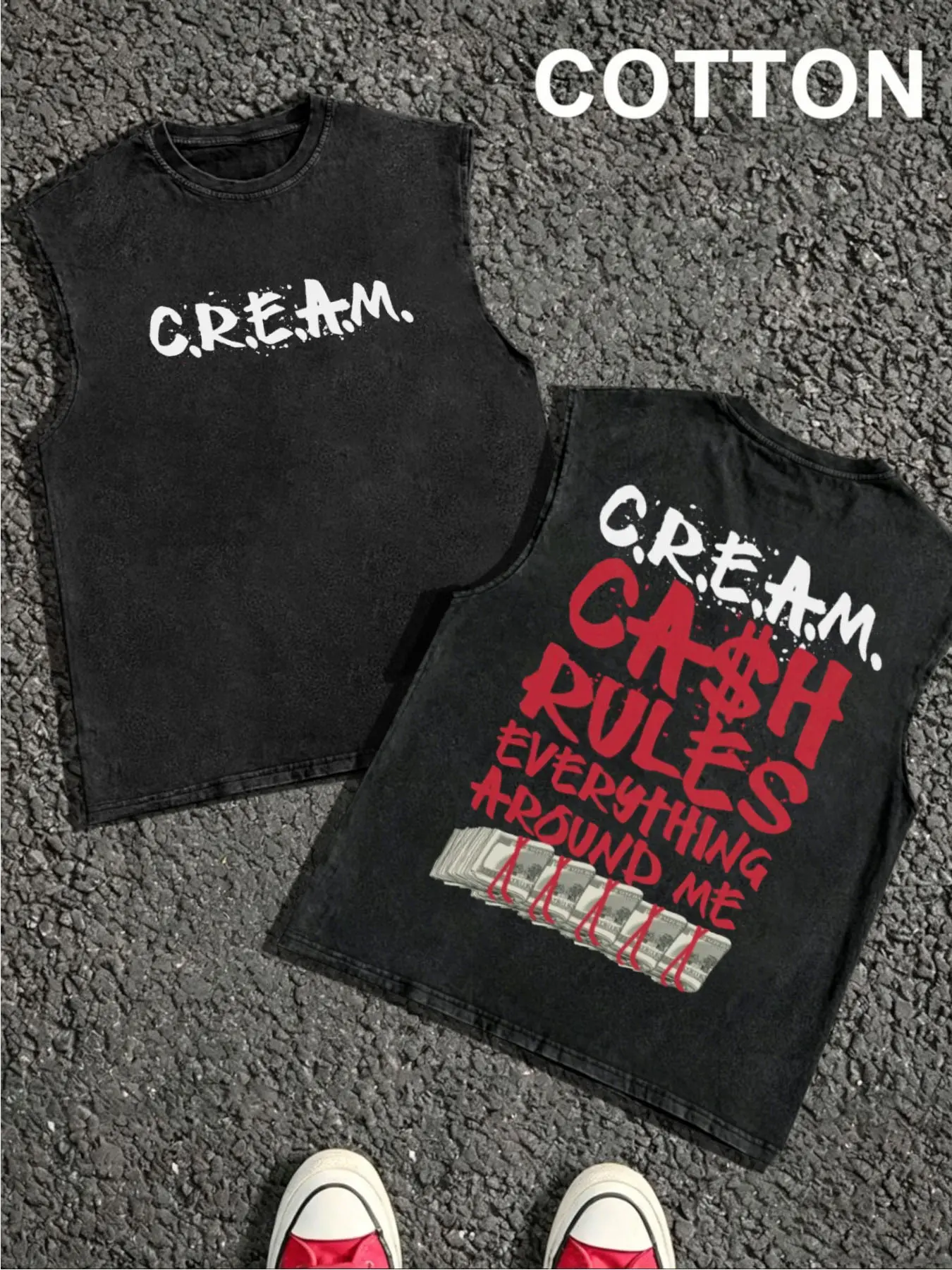 1 piece loose distressed washed graphic tank top featuring “CA$H RULES EVERYTHING AROUND ME,” combining US currency prints and hip-hop slogan elements; money culture style; unisex, suitable for all seasons; ideal for American high-street looks, rap outfit