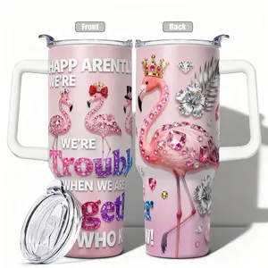 1pc, 40oz/30oz/20oz/14oz Stainless Steel Cup Jeweled Flamingos and Hibiscus Double Wall Vacuum Insulated Cup, Leakproof Lid & Carry Handle Travel Mug Tumbler Insulated Travel Drinkware for Outdoor Camping Hiking, Gift for Dad, Mo