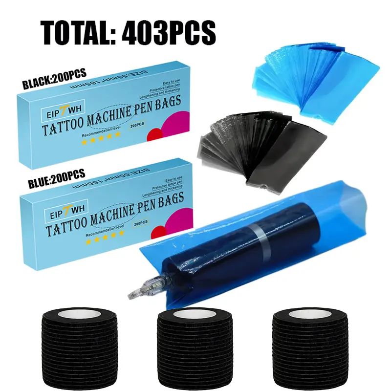 400-piece blue-black large tattoo pen case, packaged with 3 black bandage grips, tattoo machine case, tattoo machine protective sleeve, universal fit for all tattoo machines, protective film pouch, and tattoo pen cable protective sleeve