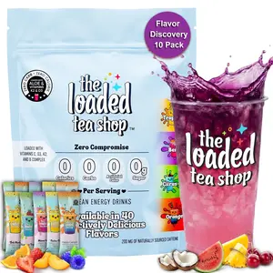 The Loaded Tea Shop Energy Drink Mix Sticks, Flavor Discovery 10 Pack, Sugar-Free, Zero Calories, 200mg Natural Caffeine, No Artificial Colors/Flavors, Powder Packets w/ B Vitamins - Energy Drink Alternative