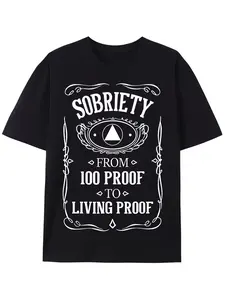 Anniversary T-Shirt for Sobriety, Featuring 100% Proof to Living Proof Arrow And Laurel Motif, Comfortable Short Sleeve Loose Casual Tee for Men's Summer Attire