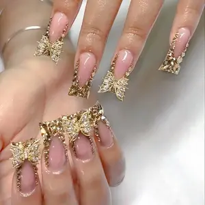 10Pcs Y2K Glamour Long Glitter Duckbill wearable Nail Set Stunning Rhinestone Butterfly Accents Manicure for Women&Girls Party Daily Wear