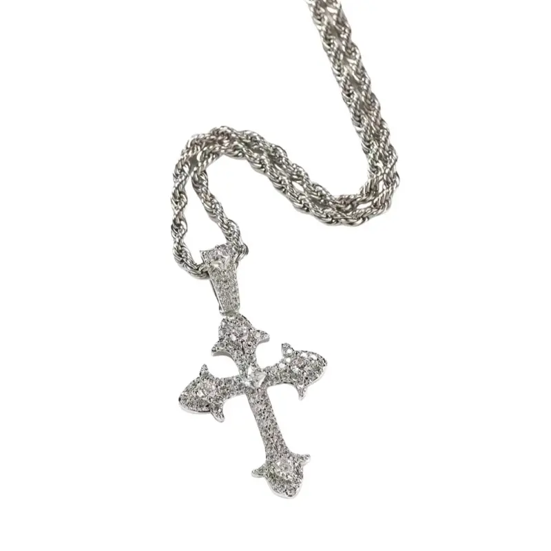 (18 inch!!) Cross Necklace Iced Out 14K silver Plated Cubic Zirconia Ankh Cross Pendant With Rope Chain,