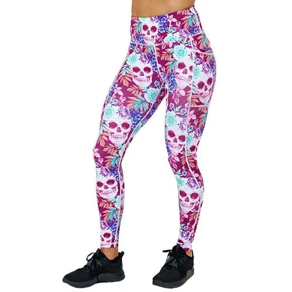 CVG Tropiskull Leggings - Womenswear Bottom Flowers Gym Pockets Skulls Fitness Tights Athleisure Style Pants Athletic Stretchy Material Gym Clothing Gym Workout Sportswear