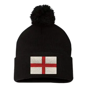 England Flag Embroidered Knit Beanie Pom Cap