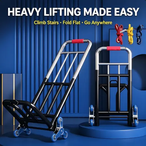 Heavy-Duty Lightweight Metallic Folding Hand Truck - Stair-Climbing Trolley with Folding Frame, Adjustable Buckle Gear, Silent Smooth Wheels, Elastic Rope, 240 lbs Capacity, Accessory Cord for Office, Luggage Transport