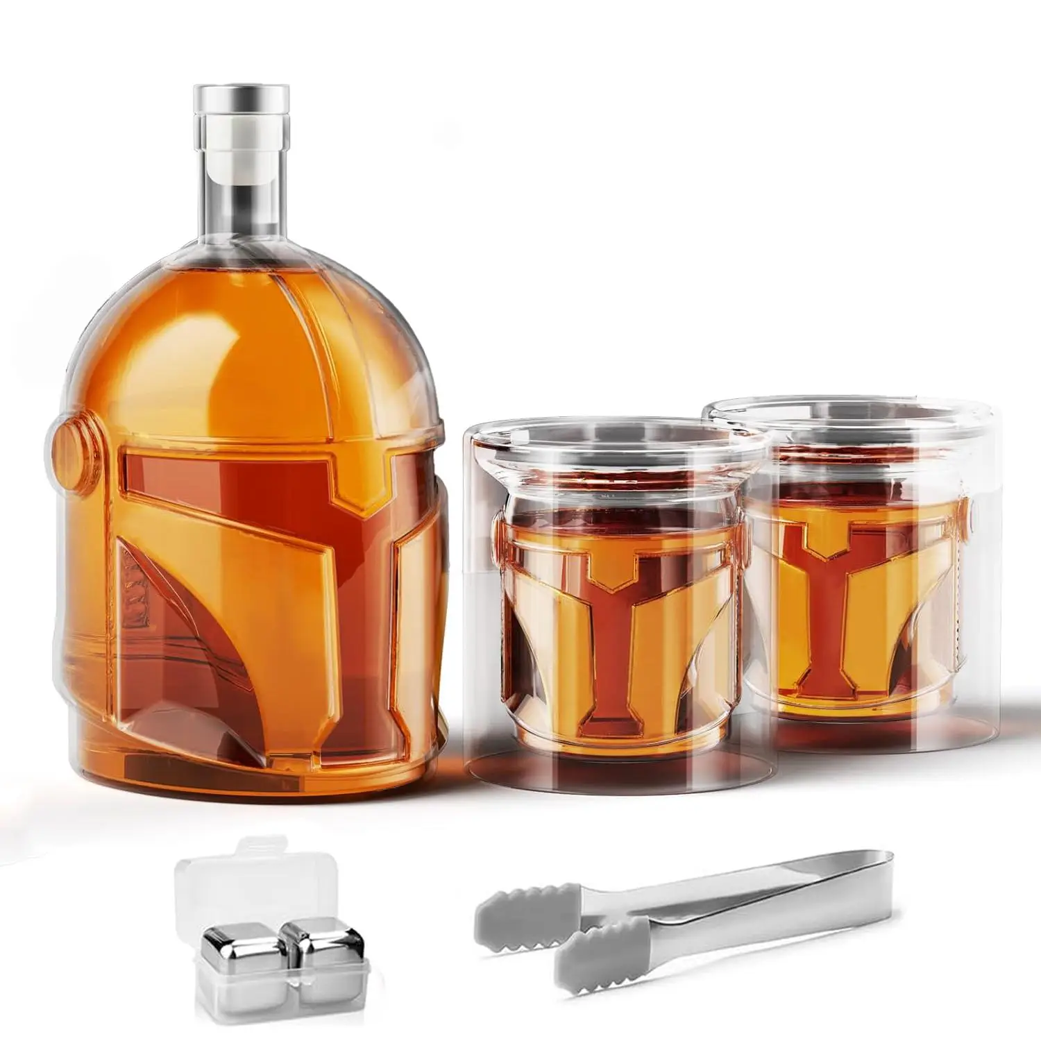 Whiskey Decanter Set, 1 Count Helmet Design Whiskey Decanter with 2 Counts Glasses & 4 Counts Ice Stone & Tongs, Bar Utensils for Home Bar