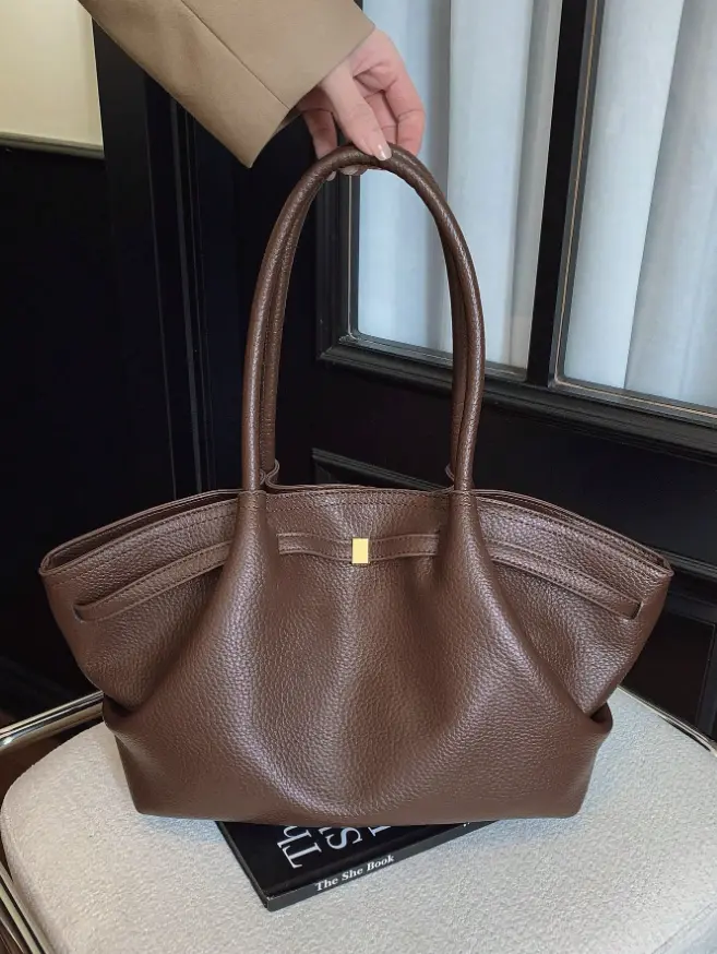 Large Capacity Soft Pebbled Leather Brown Tote Bag - Minimalist Gold Accent Work Handbag for Women