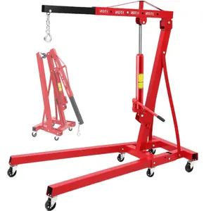 Garvee 2-Ton Folding Hydraulic Engine Hoist with 6 Casters and Telescopic Boom, 4400 Lbs Capacity Foldable Cherry Picker Lift for Garage, Workshop, and Warehouse Use, Portable and Durable Red Engine Shop Crane