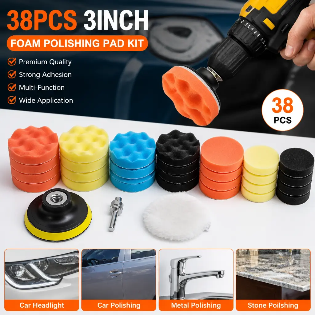 38pcs Car Polishing Kit - 3 Inch Drill Buffing Set with Foam/Wool Pads (30), Drill Adapters (2), Hook-and-Loop Backing Pads (2) for Auto Detailing, Scratch Buffing - Coarse to Fine, Cost-Effective
