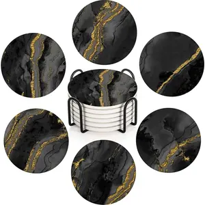 Table Coaster for Drinks Set of 6, Marble Black Golden   Yellow Coffee Absorbent Round Ceramic Stone Mat, with Cork Base and Metal Holder,  for Housewarming Room Bar Decor