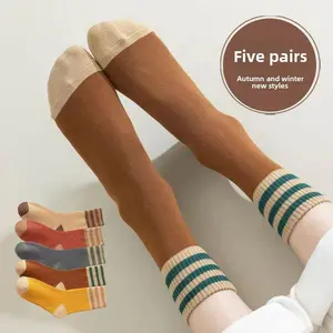 Terry cloth warm striped knee-high socks for couples, winter fleece-lined and thickened women's mid-calf socks
