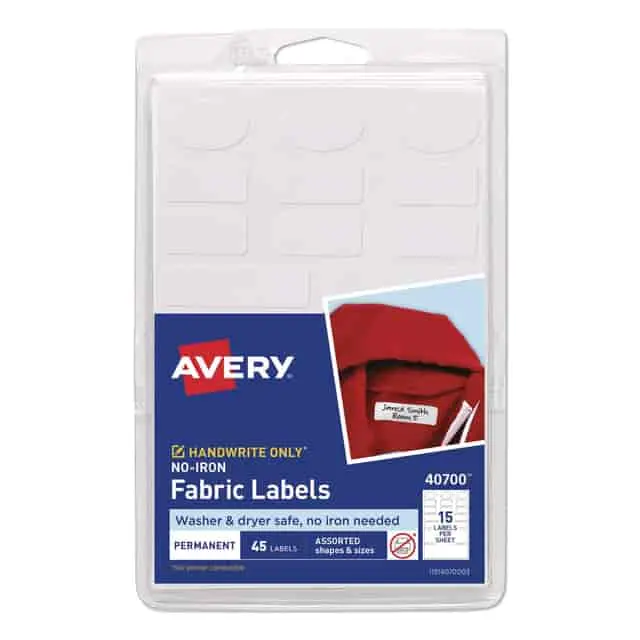 Avery AVE40700 No-Iron White Write-On Fabric Permanent Self-Adhesive Labels, 15 per Sheet, Washer & Dryer Safe, Ideal for Backpacks, Jackets, Baby Clothes, Blankets (Office Stationery Supplies)