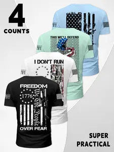 Men's American Flag Gun Pattern Print 4-Piece Set, Round Neck Short Sleeve Casual Sport T-Shirt, Comfortable Daily Wear, Fashion Streetwear
